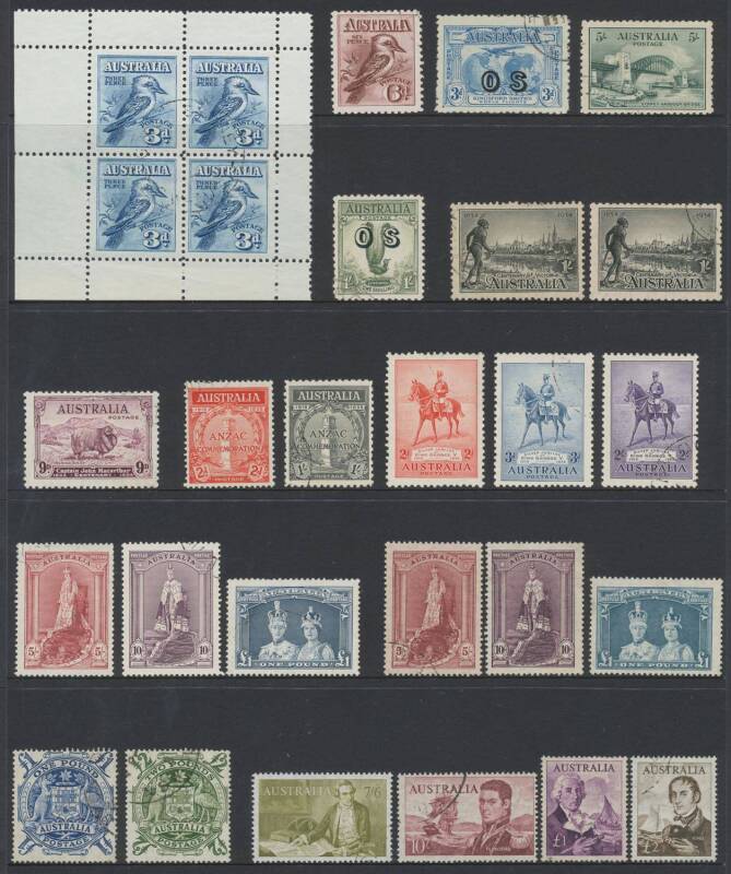 Australia: Pre-Decimal used collection with a few KGV Heads then Commemoratives apparently complete including Kooka M/S (non-contemporary cancel), Kingsford Smith 'OS' overprints (2d with short perf), 1/- Lyre 'OS', 5/- Bridge CTO (no gum), Robes Thick &