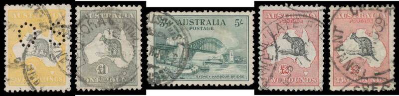 Australia: Useful collection with Roos including Second Wmk 5/- punctured 'OS', Third Wmk 10/- & Â£1 grey, SMult Wmk set with a very fine Â£2 and CofA set, KGV Heads largely complete, 5/- Bridge commercially used, post-WWII largely complete to 1973 (no Â£