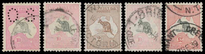 Australia: Collection on Seven Seas pages with Kangaroos including First Wmk very fine 2/-, Third Wmk 10/- perf 'OS' commercially used (very scarce thus), SMult Wmk well centred 10/-, CofA well centred 10/- & Â£2, etc, later pickings, condition variable.