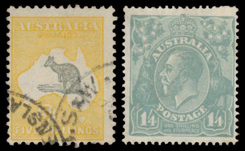 Australia: Album with Kangaroos Second Wmk 2d & 2Â½d mint, Third Wmk up to 5/- used & CofA 'SPECIMEN' set, KGV complete by wmk & perf mostly used but noted SMult Wmk Perf 14 1/4d deep shade mint, Kooka M/S (aged gum) & Kingsford Smith 'OS' overprints CTO,