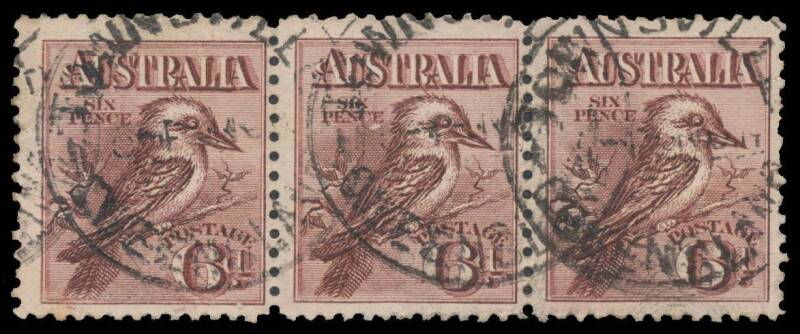 Australia: 1914-36 KGV Commemoratives & Definitives used selection on leaves including many multiples with 6d Engraved strip of 3 & pair, 6d Kingsford Smith & 9d Macarthur blocks of 4, 1/- ANZAC strip of 4 & pair, SA Centenary gutter pairs, also 'OS' over