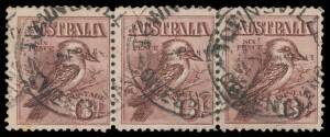 Australia: 1914-36 KGV Commemoratives & Definitives used selection on leaves including many multiples with 6d Engraved strip of 3 & pair, 6d Kingsford Smith & 9d Macarthur blocks of 4, 1/- ANZAC strip of 4 & pair, SA Centenary gutter pairs, also 'OS' over