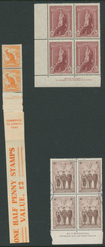 Australia: 1930s-1980s Accumulation with many imprint blocks and part-sheets noted KGV Jubilee 2d plate number blocks set (6) **, KGVI Â½d Roo CofA wmk coil pair ** with coil starter (960) strip, Robes 5/- thin paper Authority imprint block **, AIF 6d McC