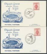Australia: 1956 Melbourne Olympics illustrated commemorative cancels on 'PICTORIAL POSTMARK' postcards set of 52 (couple with minor blemishes; advertised retail $650) plus a few FDCs & flight covers, then some 1980s-90s mint including Sydpex M/S x100+ & s