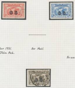 Australia: 'OS' OVERPRINTS: Selection on pages largely complete postally used (Kingsford Smith duo are CTO), KGV 2d on 1932 OHMS cover from Sydney, and Bridge 2d on 1937 OHMS cover with 'THE STATE TREASURY/MELBOURNE' imprint. Ex Neil Russell. (42 + 3 cov