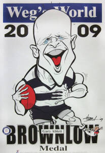 WEGS WORLD POSTERS: Collection with Brownlow Medal posters - 1996 James Hird (1), 1999 Shane Crawford (3), 2003 Nathan Buckley (2), 2008 Adam Cooney (1) & 2009 Gary Ablett (41); Weg posters 2007 Geelong (1), 2008 Hawthorn (5), 2009 Geelong (1), 2010 Draw 