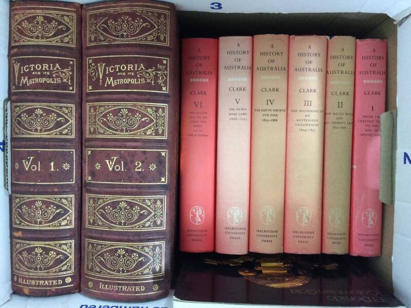 Australia: LITERATURE: Carton of non-philatelic works comprising "Victoria & Its Metropolis" in two large leather-bound volumes (1888), some foxing; "A History of Australia" by Manning Clark in six volumes, all with d/j; and "El Dorado Colombian Gold" cat