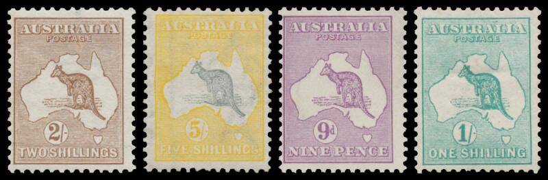 Kangaroos: Mostly mint selection with First Wmk including 9d, 2/- x2 & 5/- (regummed); Second Wmk 2d, 2Â½d, 6d x2, 9d & 1/- x2; Third Wmk 2Â½d, 9d x5, and used 2/- brown x2 (one punctured 'OS'); SMult Wmk 6d, 9d & 1/- x2 (one unmounted), and 5/- punctured