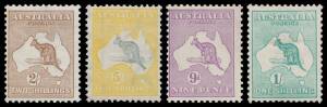 Kangaroos: Mostly mint selection with First Wmk including 9d, 2/- x2 & 5/- (regummed); Second Wmk 2d, 2Â½d, 6d x2, 9d & 1/- x2; Third Wmk 2Â½d, 9d x5, and used 2/- brown x2 (one punctured 'OS'); SMult Wmk 6d, 9d & 1/- x2 (one unmounted), and 5/- punctured