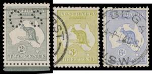 Kangaroos: Inverted Watermarks selection comprising First Wmk Â½d, 1d Die I & II, 3d, 1/- CTO, and Third Wmk 2d plus another 'OS' with lower margin, 3d, 6d blue x2 different shades, 9d Die IIB, 1/- Die II & IIB the latter with parcel cancel, most others w