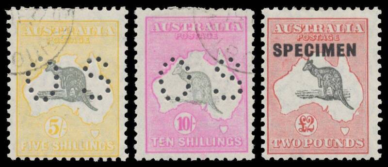 Kangaroos: Mint & used selection including First Wmk Â½d apparent coil strip of 6 with join at top & characteristic trimmed perfs **/*, Third Wmk 5/- mint, 10/- 'OS' CTO and Â£1 grey 'SPECIMEN' mint, SM Wmk 5/- 'OS' CTO and Â£2 'SPECIMEN' mint, a few more