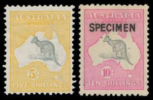 Kangaroos: Mint selection with First Wmk 2d & 3d Die I (both unmounted), 5/- fine plus 10/- to Â£2 'Specimen' handstamp set (perf faults), Third Wmk 10/- (off-centre & short perf) plus 10/- Â£1 grey x2 & Â£2 'SPECIMEN' overprints, CofA Wmk 2/- x16 includi