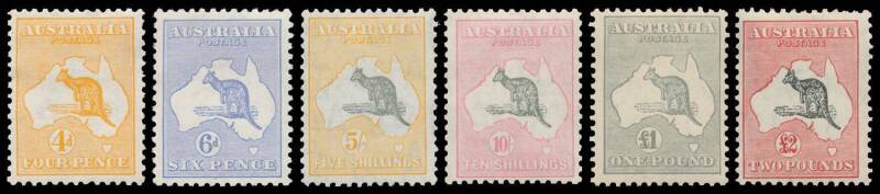 Kangaroos: Mint selection comprising First Wmk Â½d, 1d, 4d & 5d, Second Wmk 2d & 2Â½d, Third Wmk 3d Die IIB, 6d blue Die II & 1/- Die IIB, SM Wmk 10/- & CofA Wmk 6d, 9d, 2/- both dies, 5/-, Â£1 grey & Â£2, fresh colours but centring variable and a couple