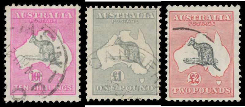 Kangaroos: Simplified set Â½d to Â£2 (excluding Â£1 brown & blue) in various watermarks - the 10/- is Third Wmk - mixed centring, generally fine condition most with light cds cancels, (17)