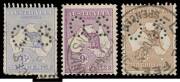 Kangaroos: Used accumulation of mostly 'OS' punctures with many pickings noted First Wmk 4d small 'OS' x25 including two pairs & 2/- brown small 'OS' x12, Second Wmk 6d blue 'OS' with double perforations on three sides, 9d 'OS' x6, 1/- 'OS' x6 & 2/- 'OS'