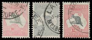 Kangaroos: Used collection on pages with First Wmk to 5/-, Second Wmk complete to 5/- (telegraph puncture), Third Wmk to 5/-, Small Multiple Wmk to 5/-, CofA Wmk complete to Â£2, also range of 'OS' punctures plus shades and a few inverted watermarks, majo