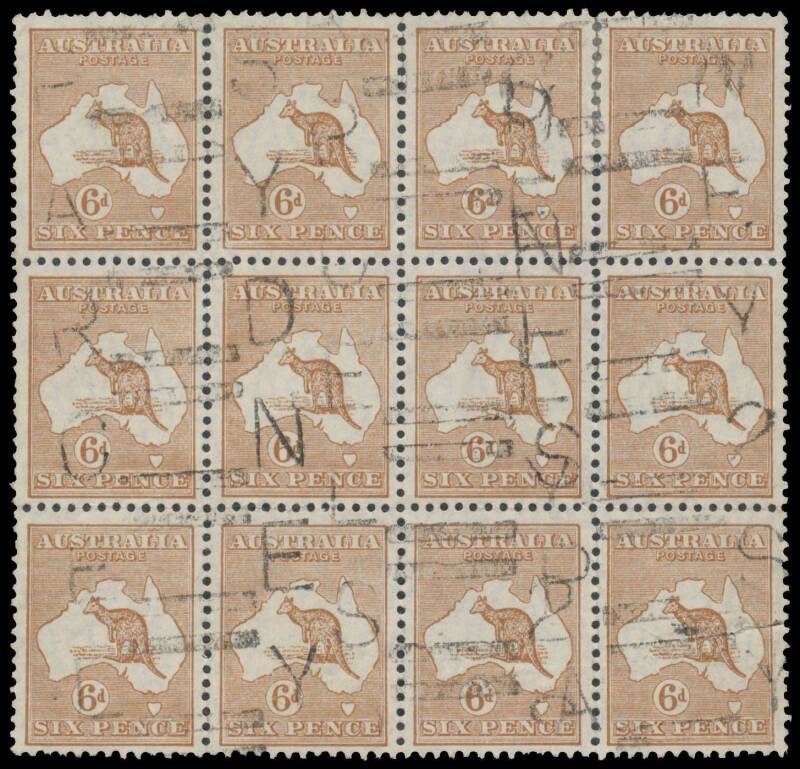 Kangaroos: Used multiples selection on album pages including First Wmk 2d strip of 6, 4d strip of 3 x2, 6d small 'OS' strip of 4, 1/- small 'OS' strips of 3 & 4; Second Wmk 6d 'OS' strip of 4; Third Wmk 2Â½d block of 6, 6d brown inter-pane block of 8, 9d