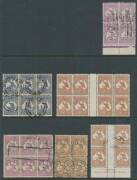 Kangaroos: Used multiples selection on album pages including First Wmk 2d strip of 6, 4d strip of 3 x2, 6d small 'OS' strip of 4, 1/- small 'OS' strips of 3 & 4; Second Wmk 6d 'OS' strip of 4; Third Wmk 2Â½d block of 6, 6d brown inter-pane block of 8, 9d - 2