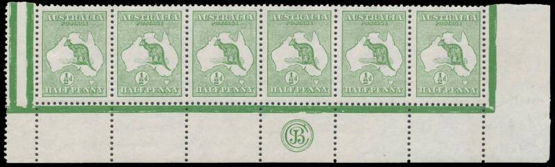 Roos 1st Wmk: Â½d green 'JBC' Monogram strip of 6 BW #1(2)zc, minor jumped perfs at the base, mounted in the margins only otherwise unmounted, Cat $1200++ for a mounted strip of 3.