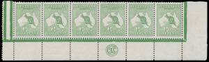 Roos 1st Wmk: Â½d green 'JBC' Monogram strip of 6 BW #1(2)zc, minor jumped perfs at the base, mounted in the margins only otherwise unmounted, Cat $1200++ for a mounted strip of 3.