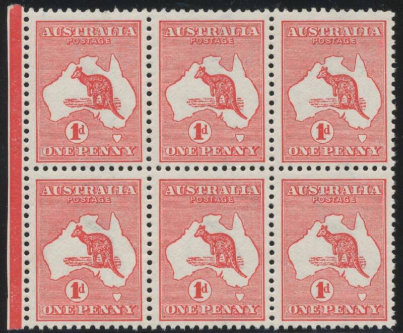 Roos 1st Wmk: 1d red Die I marginal block of 6 (3x2) from the left of the right-hand pane, the first unit with minor White Flaws below 'POSTAGE', well centred, unmounted, Cat $240+.