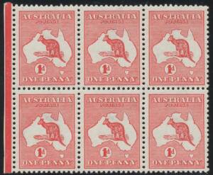 Roos 1st Wmk: 1d red Die I marginal block of 6 (3x2) from the left of the right-hand pane, the first unit with minor White Flaws below 'POSTAGE', well centred, unmounted, Cat $240+.