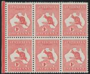 Roos 1st Wmk: 1d red Die I marginal block of 6 (3x2) from the left of the right-hand pane, the first unit with minor White Flaws below 'POSTAGE', well centred, unmounted, Cat $240+.