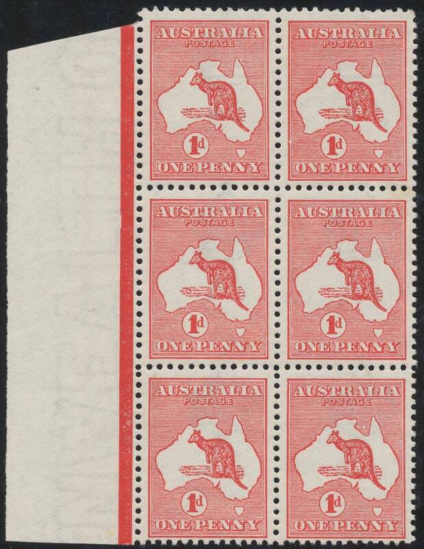 Roos 1st Wmk: 1d red Die I Plate C marginal block of 6 (2x3) from the left of the sheet including Notch in Left Frame SW of Western Australia, White Scratch from 'L' of 'AUSTRALIA' to Queensland Coast and White Flaw in Gulf of Carpentaria BW #2Ce f & g, u