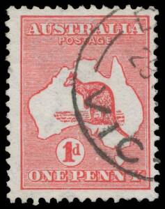 Roos 1st Wmk: 1d red Plate E [R47; Third State] with White Flaws in the Bight & Tiny Break at 1 O'Clock of the Value Circle, cds largely clear of the affected area. Superb! Rarity 9. [See "1d Red Kangaroo & Map Series" by Adams Bell & Pope at page 273]