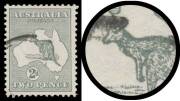Roos 1st Wmk: 2d grey with Cut-Throat Roo, well centred, untidy cancel clear of the variety. Unlisted in First or Second Watermark: based on the Third Watermark listing, it would be BW #5(1)j.