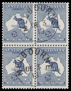 Roos 1st Wmk: 2Â½d indigo block of 4, CTO with two complete strikes of the 'MELBOURNE/DE3/13' cds, full unmounted o.g., grossly undercatalogued at $300++. [Acquired at a Melbourne auction in 2014 for $960]