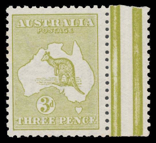 Roos 1st Wmk: 3d olive Die I with the Watermark Inverted BW #12a, marginal example from the right of the left-hand pane, very lightly mounted, Cat $600.