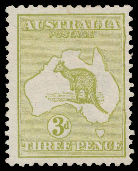 Roos 1st Wmk: 3d olive Die I with Kiss Print BW #12cb affecting the Upper Right-Hand Frame & Queensland Coast, minor gum blemishes, Cat $1500. [The ACSC states "Approximately ten examples are recorded", of which most are used]
