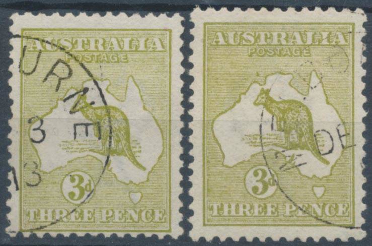 Roos 1st Wmk: 3d olive Die II, CTO with Melbourne cds of DE3/13 BW #12wc, one with Colour Flaw West of Arnhem Land #12wc(1)e, Cat $400+. (2)