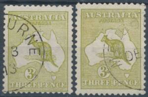 Roos 1st Wmk: 3d olive Die II, CTO with Melbourne cds of DE3/13 BW #12wc, one with Colour Flaw West of Arnhem Land #12wc(1)e, Cat $400+. (2)