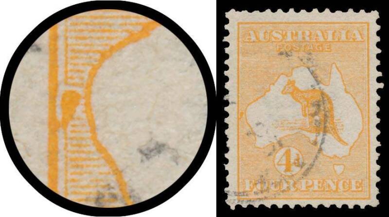 Roos 1st Wmk: 4d orange with Large Reef off Central Coast of Western Australia BW #15(1)d, light cds clear of the flaw, Cat $150. Underrated. [The ACSC mistakenly states the flaw is adjacent to the right-hand frame]