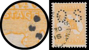 Roos 1st Wmk: 4d orange with Urinating 'G' of 'POSTAGE' BW #15(1)h punctured Small 'OS', Queensland cds well clear of the variety, Cat $400 x3 for the 'OS' puncture.