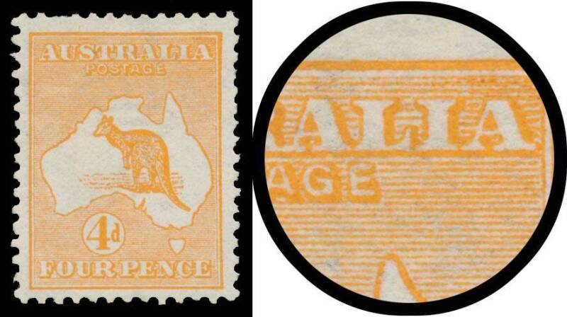 Roos 1st Wmk: 4d orange with Retouched Shading around 'IA' of 'AUSTRALIA' BW #15(2)d, well centred, Cat $400.