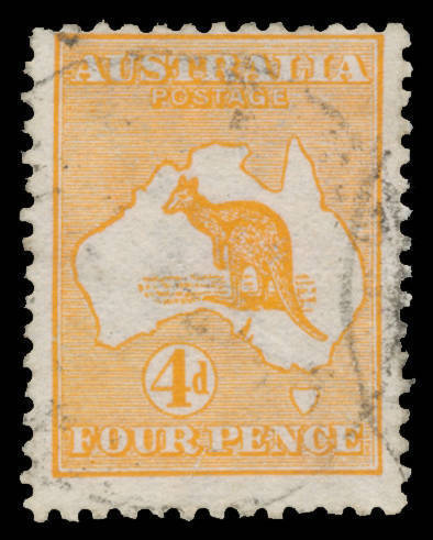 Roos 1st Wmk: 4d orange (aniline) with 'R P' of 'FOUR PENCE' Joined BW #15B(2)e, light cds clear of the variety, Cat $275+.