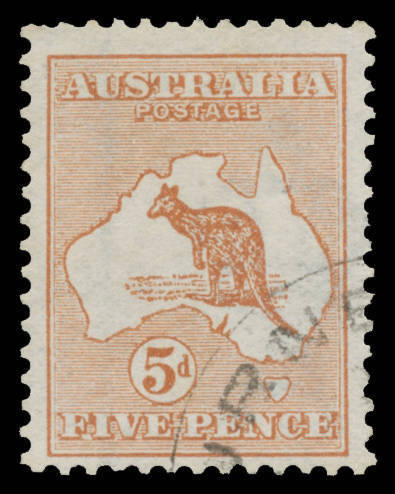 Roos 1st Wmk: 5d chestnut, CTO with the Melbourne #24 cds of 25AP13 BW #16wa, Cat $250. [The ACSC states in the introduction that the #24 cds of 25AP13 was used on the 5d. However, in the listing, this is incorrectly shown as AP24/13 which implies the cds