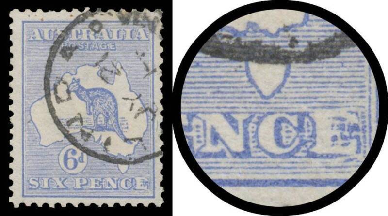 Roos 1st Wmk: 6d ultramarine with Retouched Second 'E' of 'PENCE' BW #17(1)j, well centred, 'LINDA/JY21/14/TASMANIA' cds well clear of the variety, Cat $1500.