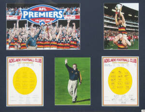 ADELAIDE, display commemorating 1997 & 1998 Premierships, with facsimile autographs of both teams, window mounted with three pictures, framed & glazed, overall 96x81cm.