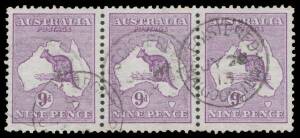 Roos 1st Wmk: 9d violet horizontal strip of 3, well centred, 'REGISTERED/JY20/13/KALGOORLIE' cds, Cat $120++. Very scarce.