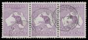 Roos 1st Wmk: 9d violet horizontal strip of 3, well centred, 'REGISTERED/JY20/13/KALGOORLIE' cds, Cat $120++. Very scarce.