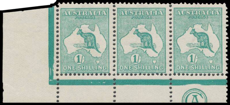 Roos 1st Wmk: 1/- emerald 'CA' Monogram strip of 3 BW #30(2)z guillotined through the monogram, the gum a trifle aged, the last unit with a hinge remainder, the other units are unmounted, Cat $12,000. [Hugh Morgan's similar hinged strip - one unit creased