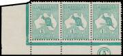 Roos 1st Wmk: 1/- emerald 'CA' Monogram strip of 3 BW #30(2)z guillotined through the monogram, the gum a trifle aged, the last unit with a hinge remainder, the other units are unmounted, Cat $12,000. [Hugh Morgan's similar hinged strip - one unit creased