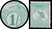 Roos 1st Wmk: 1/- emerald with the Watermark Inverted and with Ship in Great Australian Bight BW #30a(U)d, a few irregular perfs, Cat $500 for each variety. Very desirable "double variety". [** The stamp is mint so the catalogue value is $4000 just for th