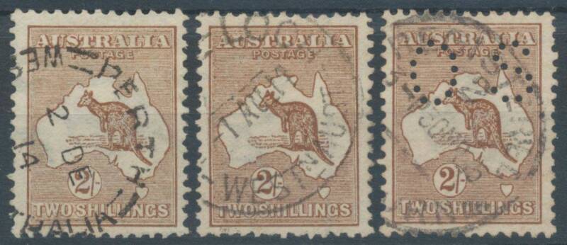 Roos 1st Wmk: 2/- brown three very fine used examples, one punctured Small 'OS', cds cancels, Cat $900. (3)