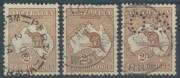 Roos 1st Wmk: 2/- brown three very fine used examples, one punctured Small 'OS', cds cancels, Cat $900. (3)