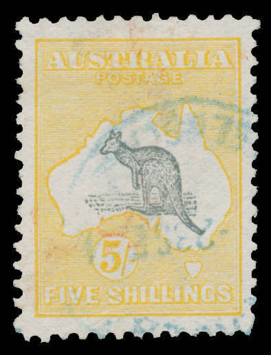 Roos 1st Wmk: 5/- grey & chrome, well centred, a couple of nibbled perfs, light Brisbane cds in blue, Cat $350. Scarce this fine & attractive.